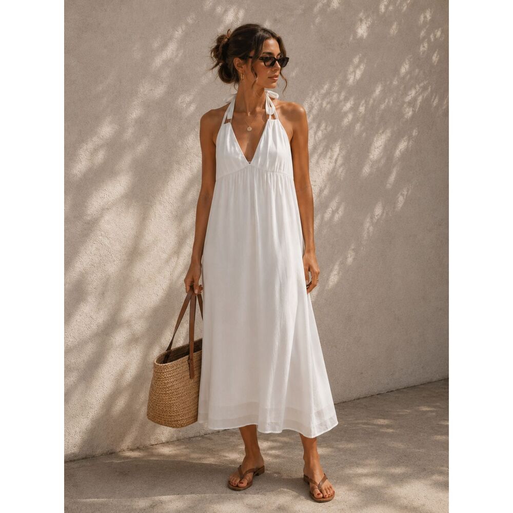 Bellambra Made in Italy Ivory Silk Blend Halter Maxi Dress L Boho Resort Beach